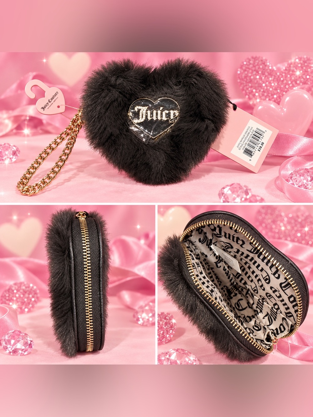 Juicy Couture Black Fuzzy Heart Mini Crossbody with Gold Chain
